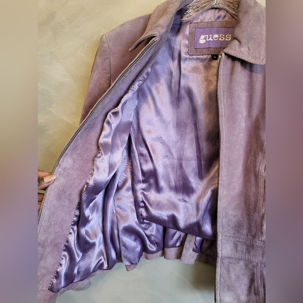 Vintage GUESS Leather Suede Short Lavender Cinch Waist Jacket Size M - Picture 15 of 15